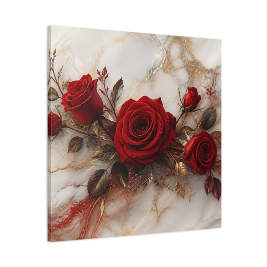 Main Mockup. Floral Red Roses Red Gold Marble shown as stretched canvas wall art