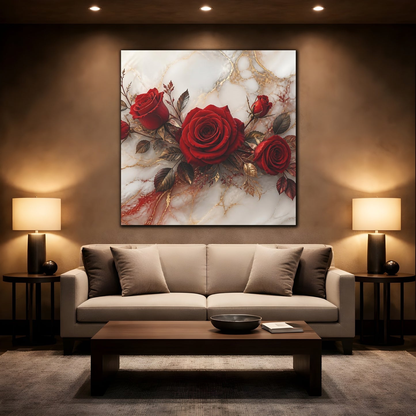 Mockup 2. Floral Red Roses Red Gold Marble shown as stretched canvas wall art