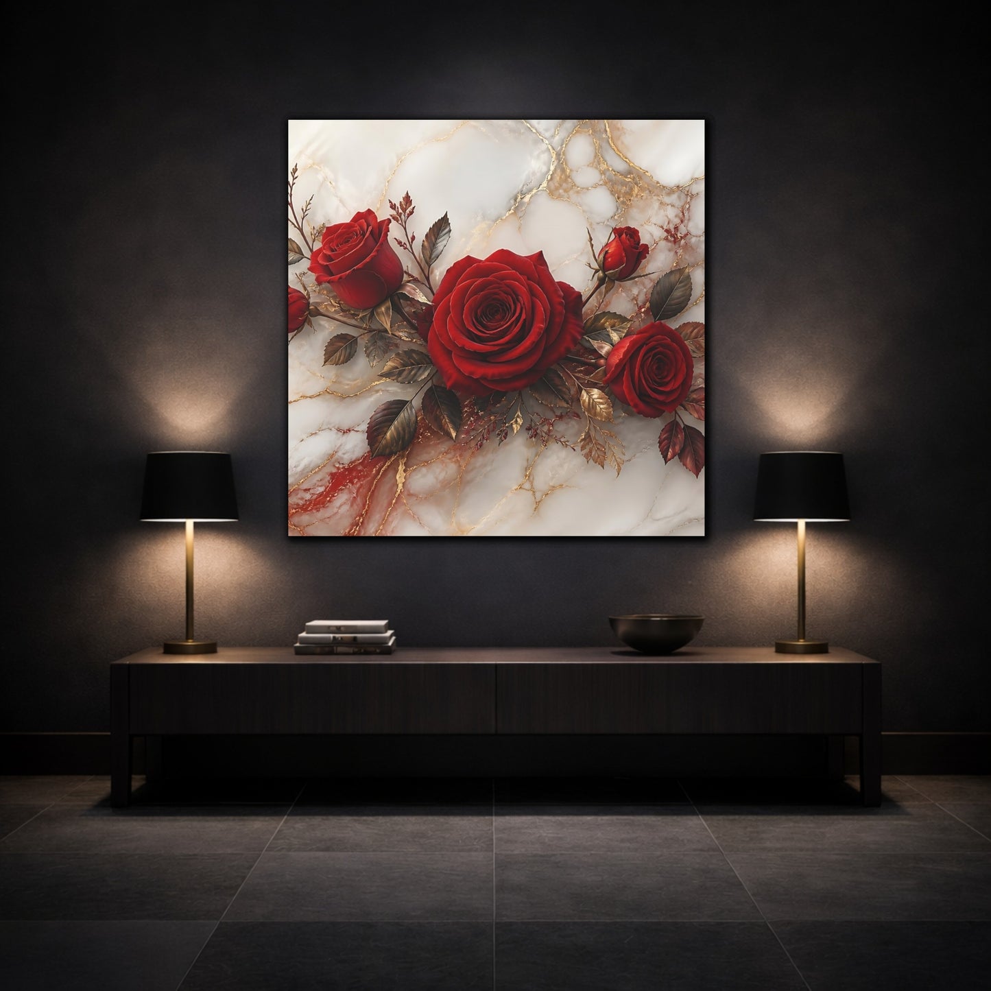 Mockup 3. Floral Red Roses Red Gold Marble shown as stretched canvas wall art