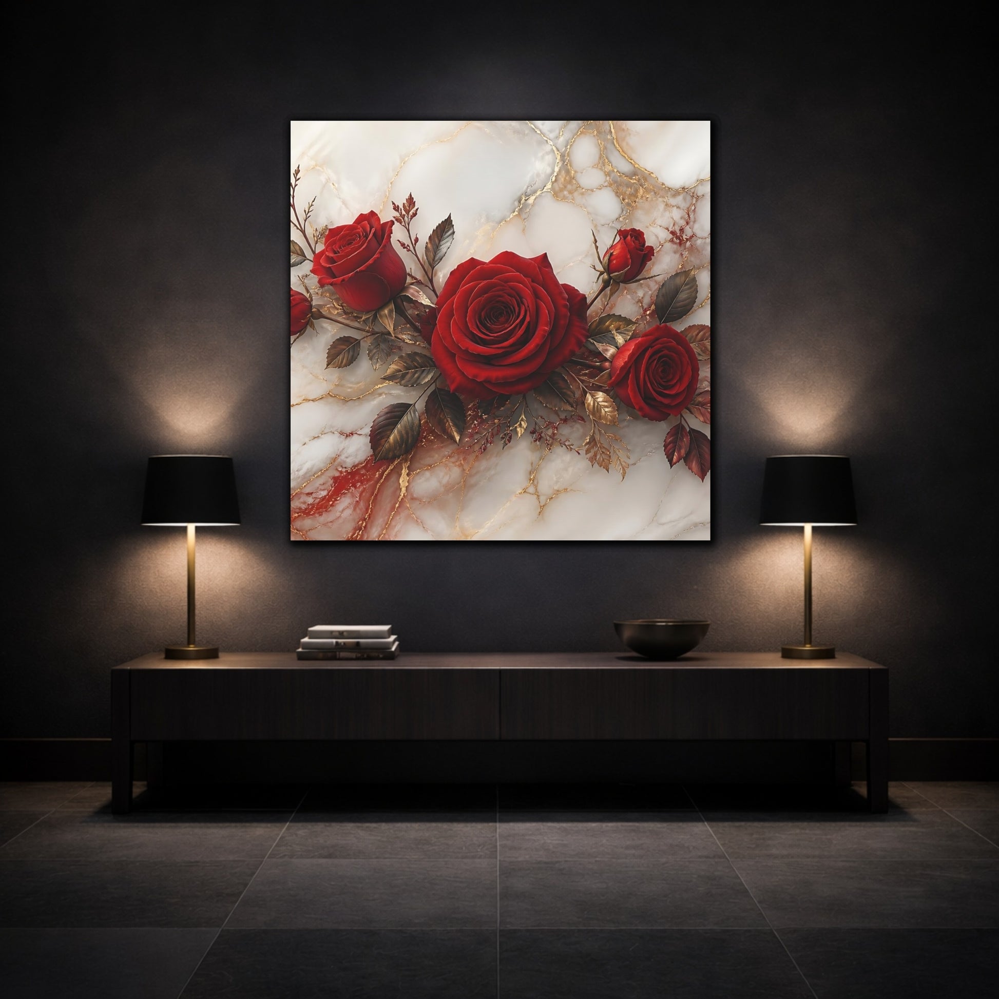 Mockup 3. Floral Red Roses Red Gold Marble shown as stretched canvas wall art