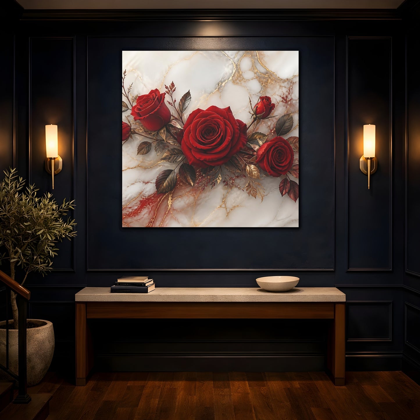 Mockup 4. Floral Red Roses Red Gold Marble shown as stretched canvas wall art