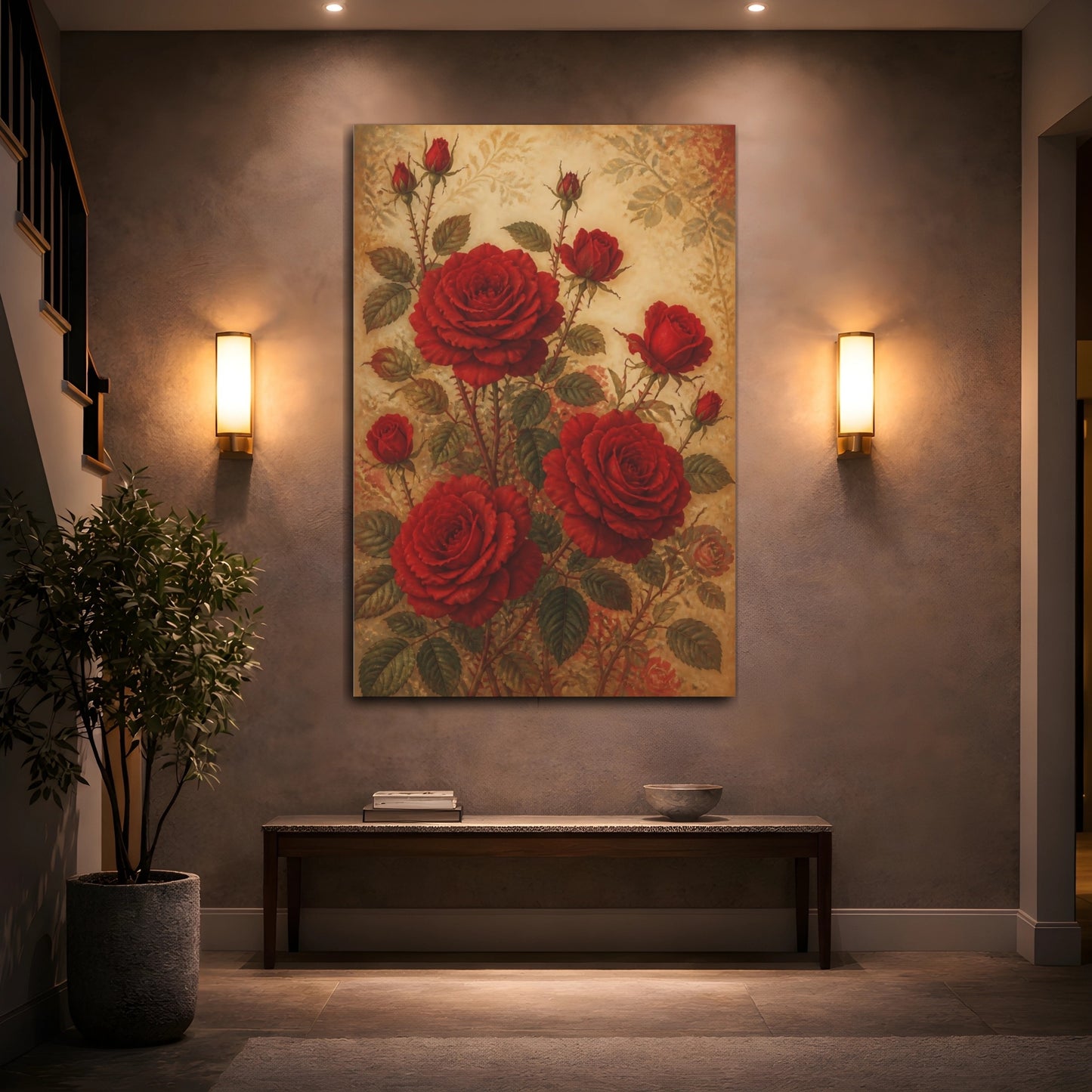 Mockup 2. Floral Red Roses Red Gold shown as canvas print