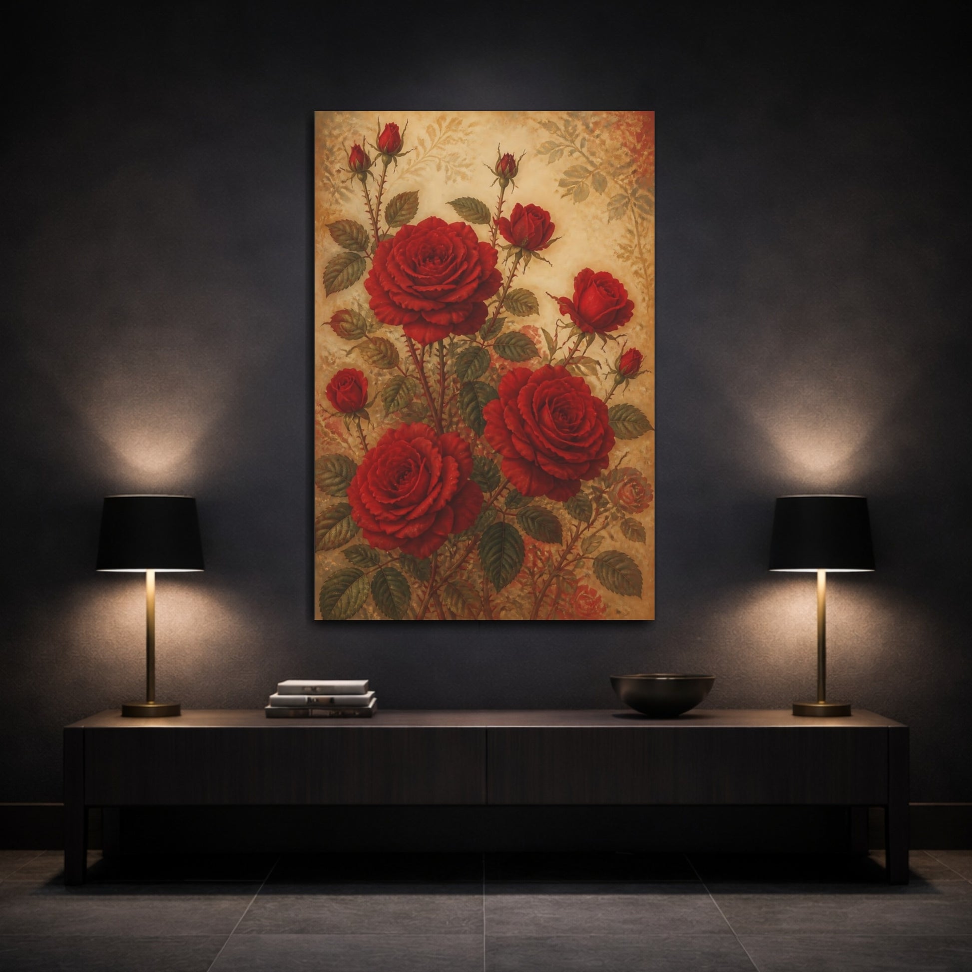 Mockup 3. Floral Red Roses Red Gold shown as canvas print