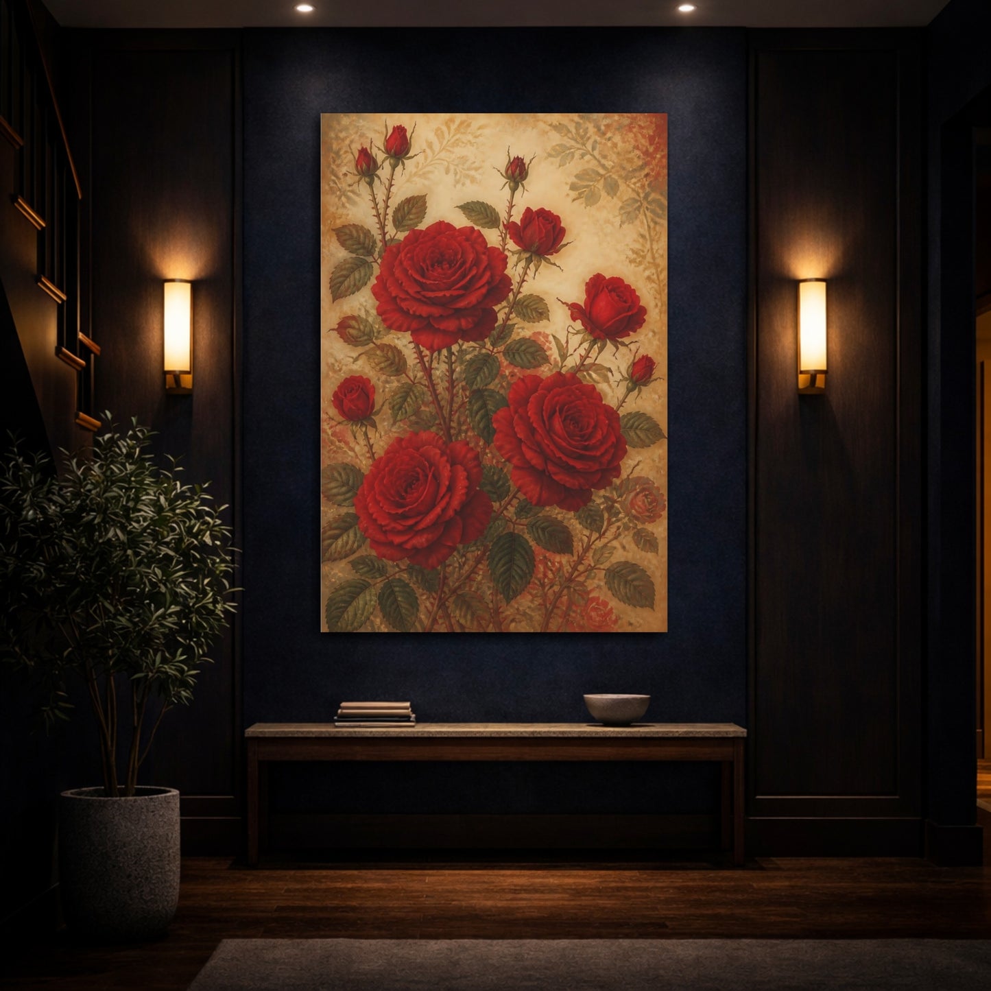 Mockup 4. Floral Red Roses Red Gold shown as canvas print