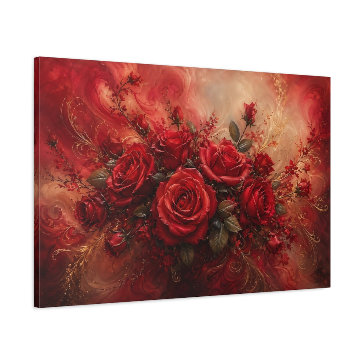 Main Mockup. Floral Red Roses Red Roses Gold shown as stretched canvas wall art