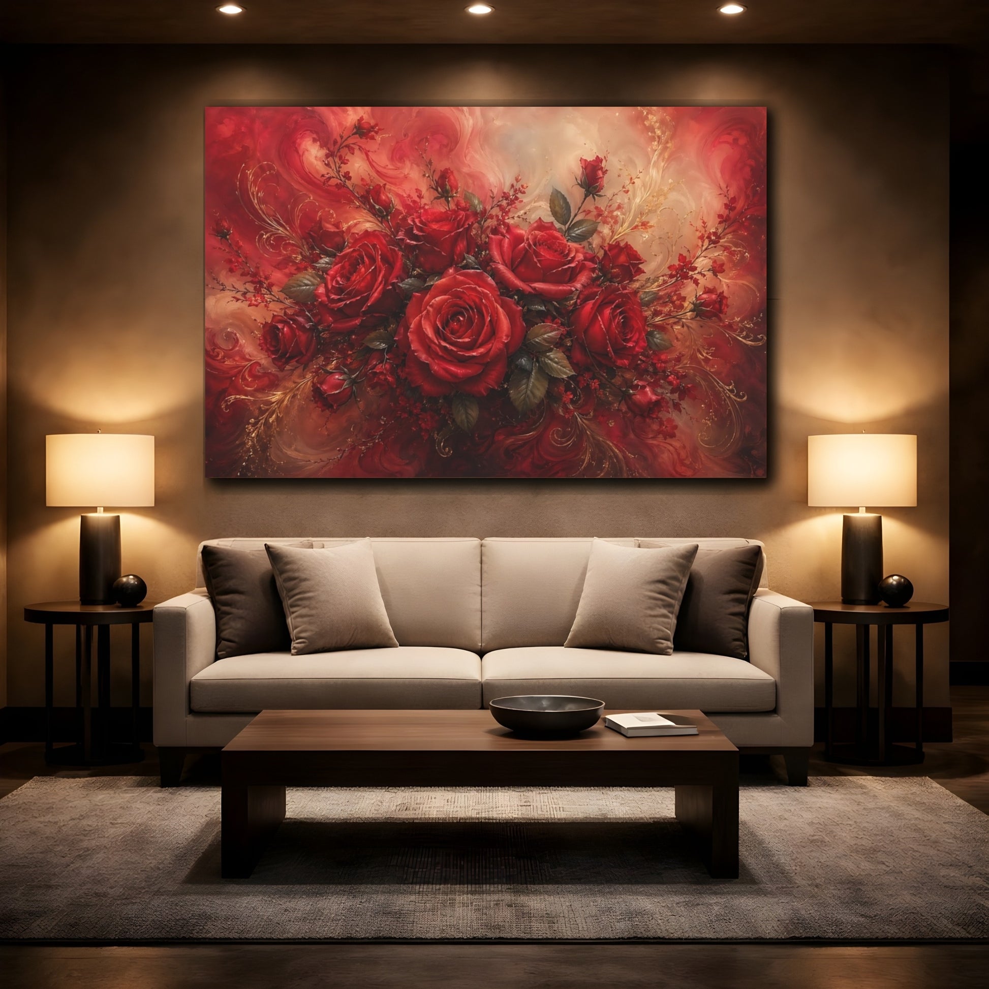 Mockup 2. Floral Red Roses Red Roses Gold shown as stretched canvas wall art