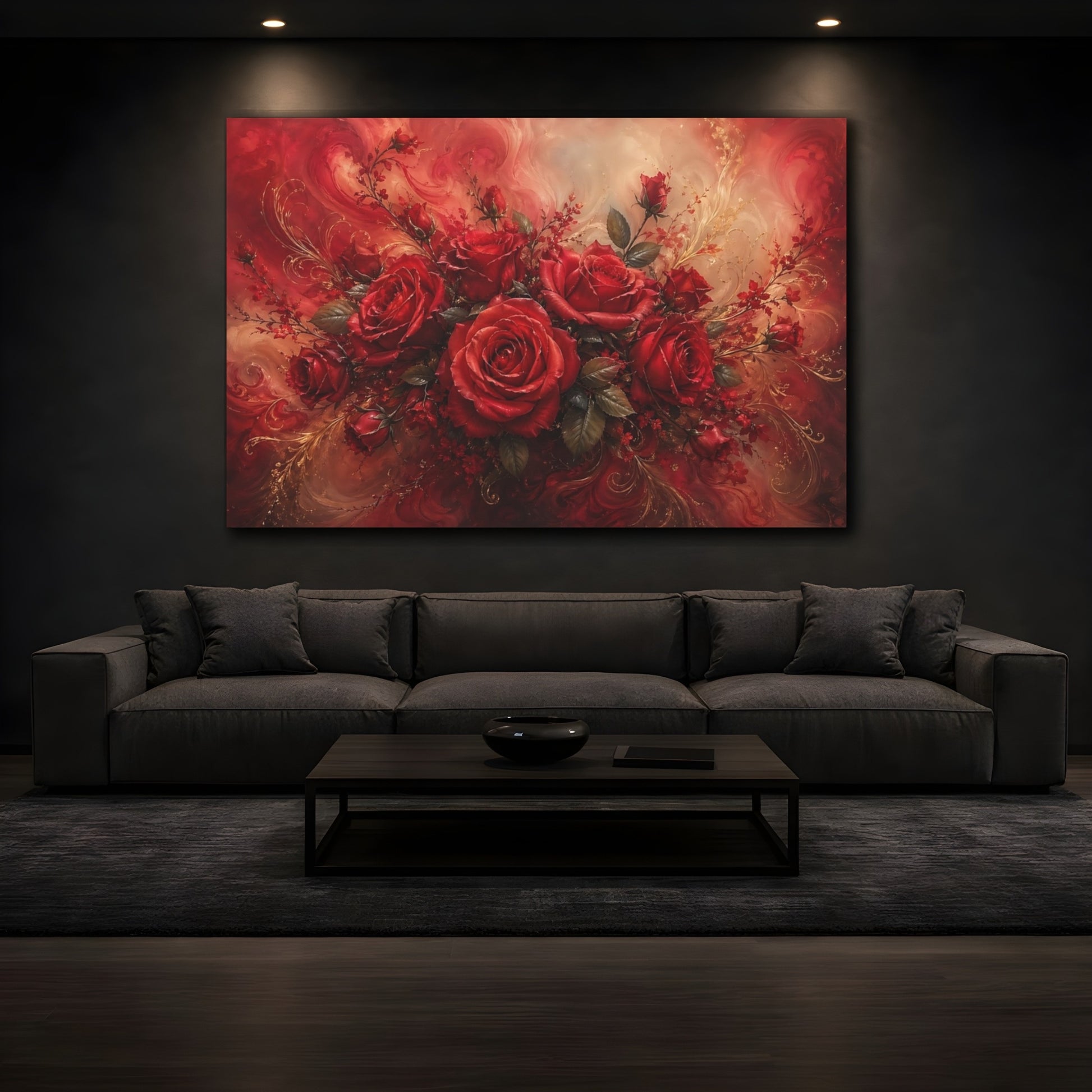 Mockup 3. Floral Red Roses Red Roses Gold shown as stretched canvas wall art