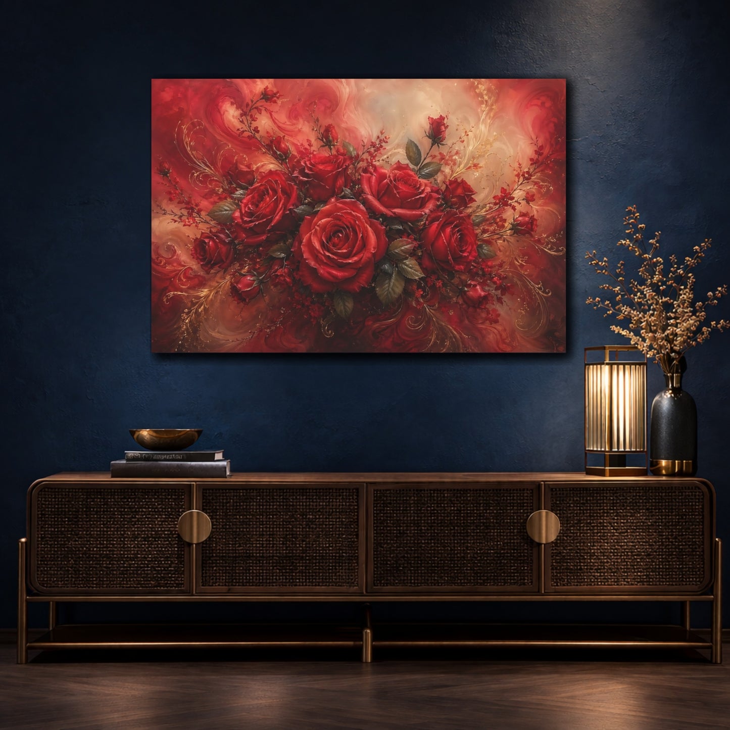 Mockup 4. Floral Red Roses Red Roses Gold shown as stretched canvas wall art