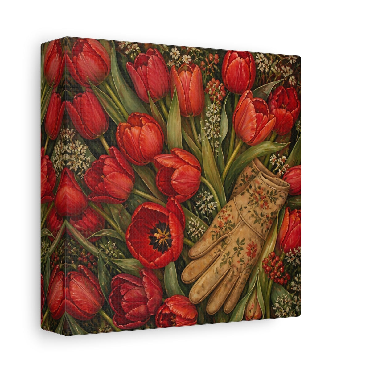 Side Mockup 2. Floral Red Tulips Red Floral shown as stretched canvas wall art