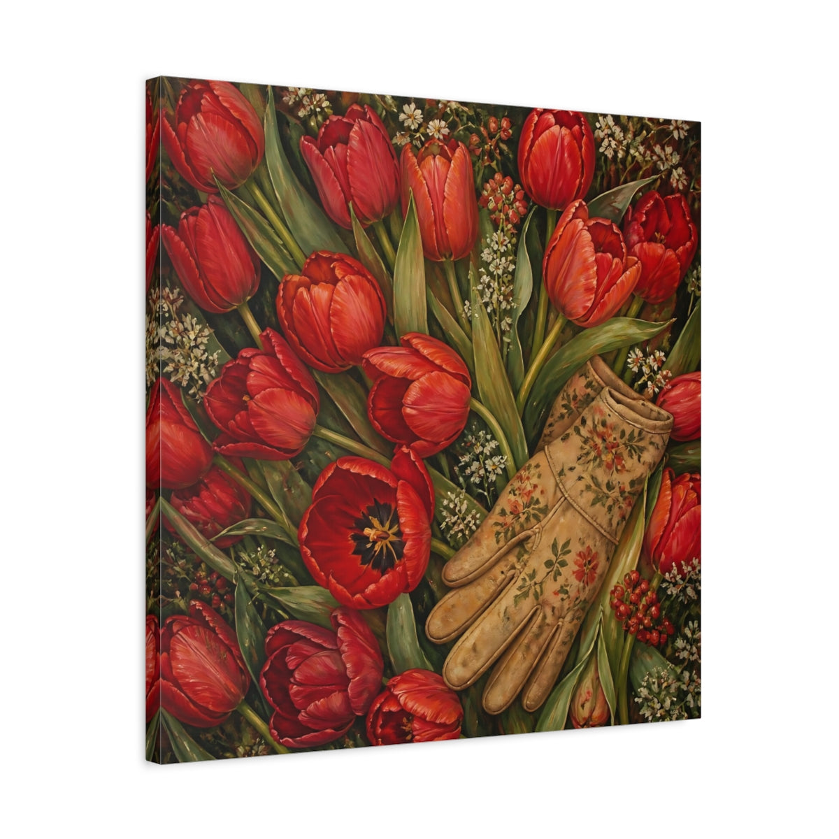 Side Mockup 4. Floral Red Tulips Red Floral shown as stretched canvas wall art