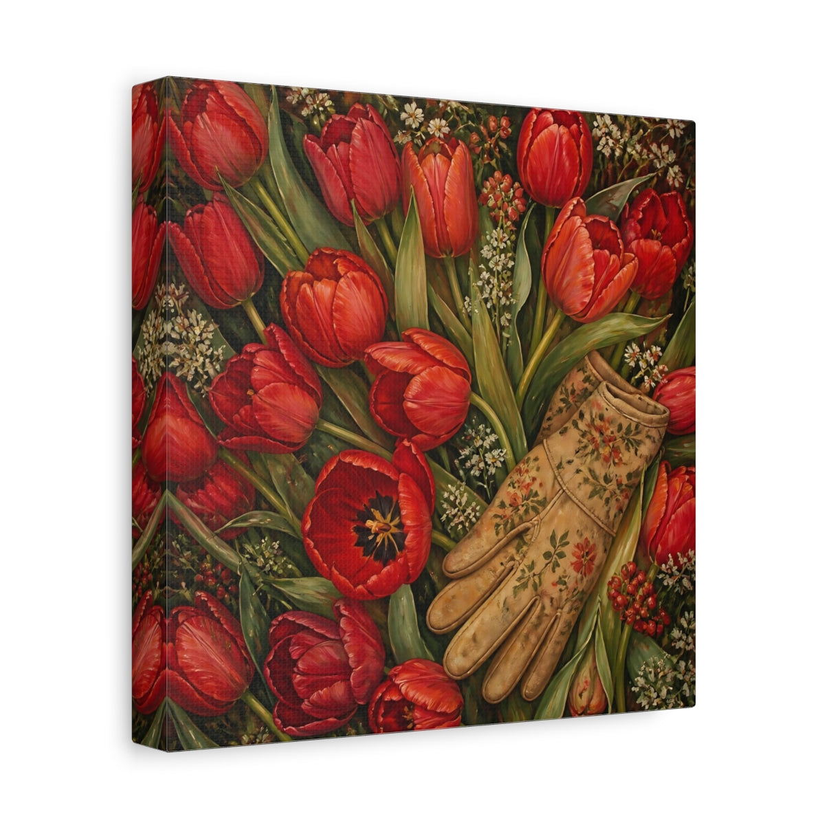 Side Mockup 9. Floral Red Tulips Red Floral shown as stretched canvas wall art