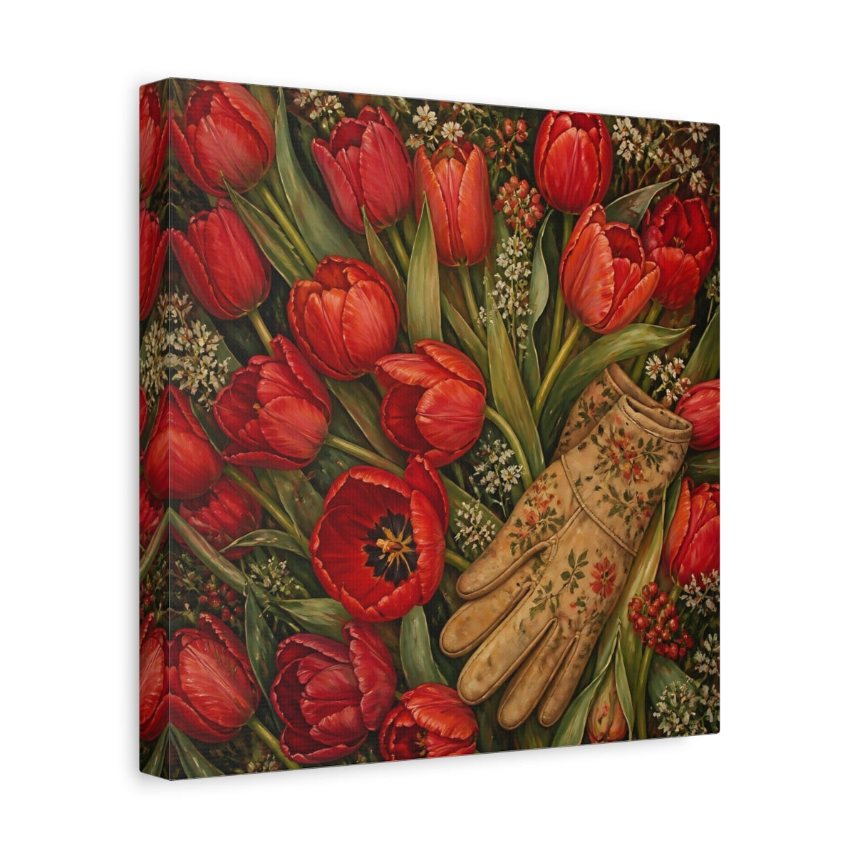 Side Mockup 8. Floral Red Tulips Red Floral shown as stretched canvas wall art