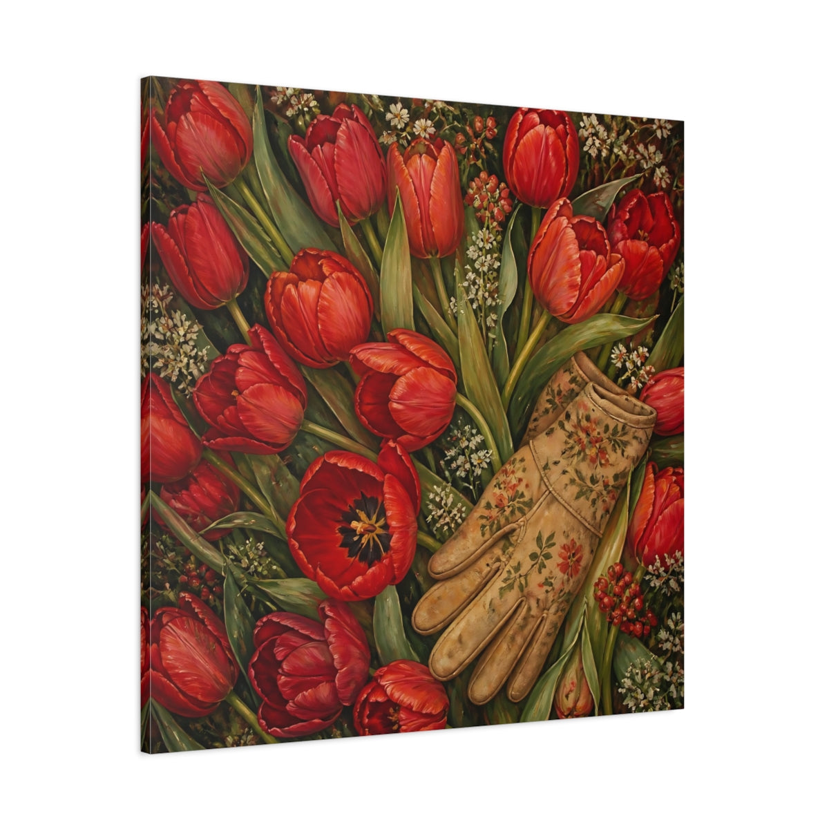 Side Mockup 1. Floral Red Tulips Red Floral shown as stretched canvas wall art