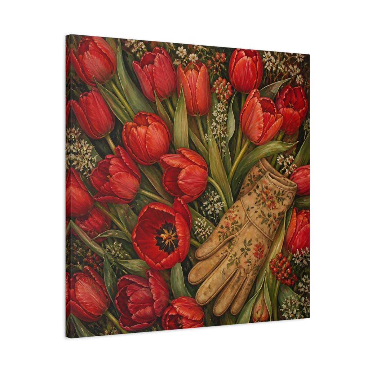 Side Mockup 3. Floral Red Tulips Red Floral shown as stretched canvas wall art