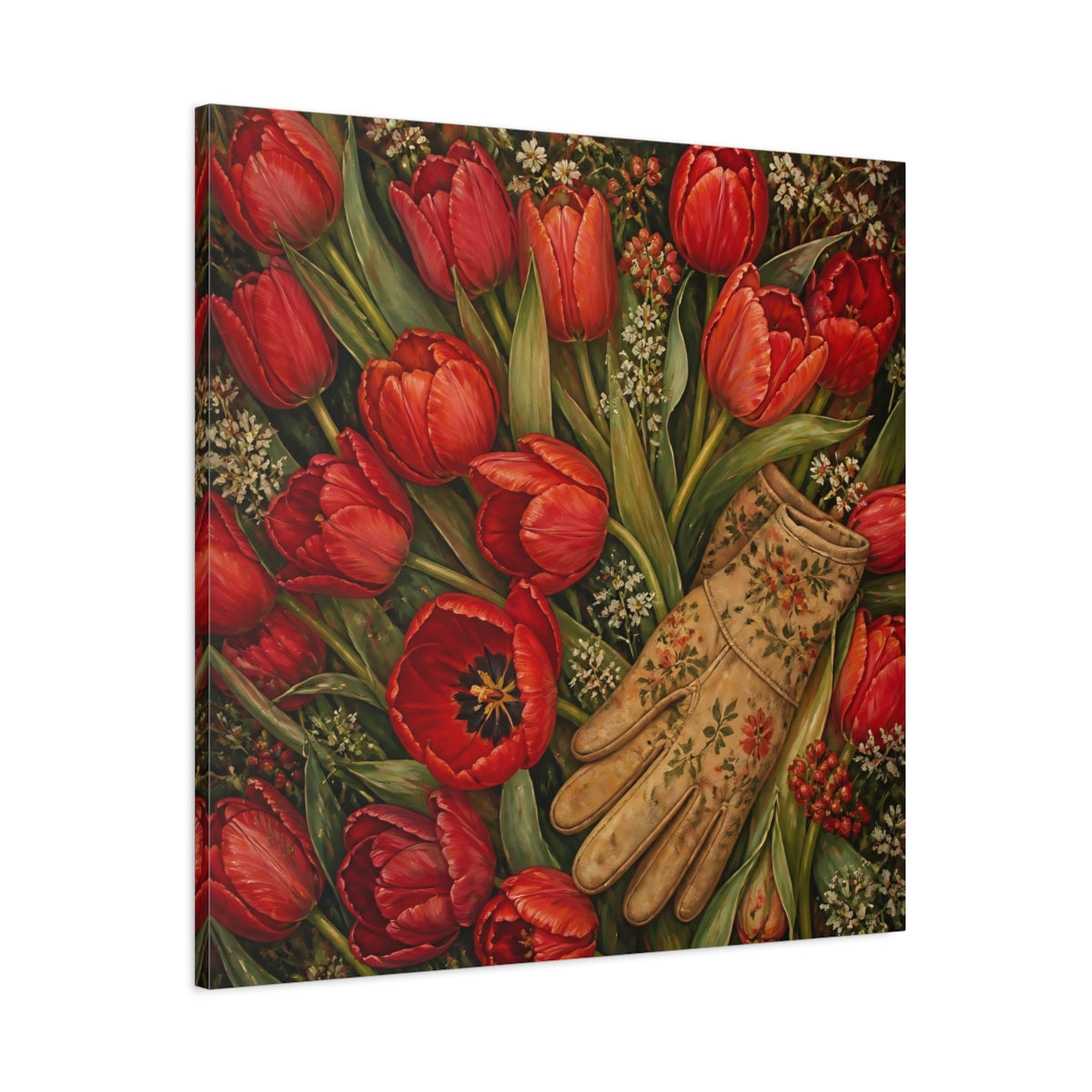 Main Mockup. Floral Red Tulips Red Floral shown as stretched canvas wall art