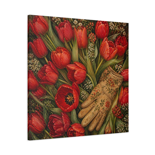 Main Mockup. Floral Red Tulips Red Floral shown as stretched canvas wall art