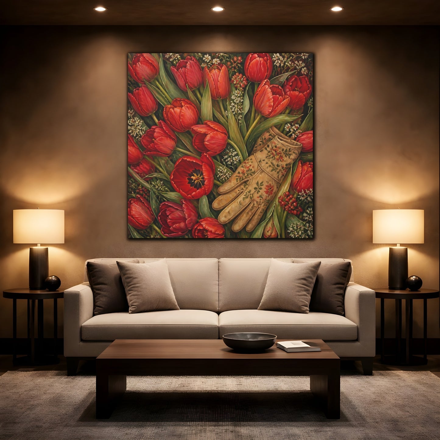 Mockup 2. Floral Red Tulips Red Floral shown as stretched canvas wall art