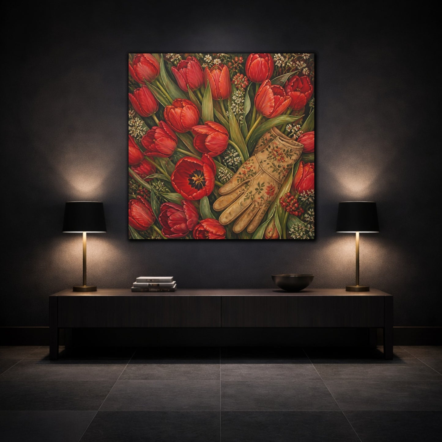 Mockup 3. Floral Red Tulips Red Floral shown as stretched canvas wall art