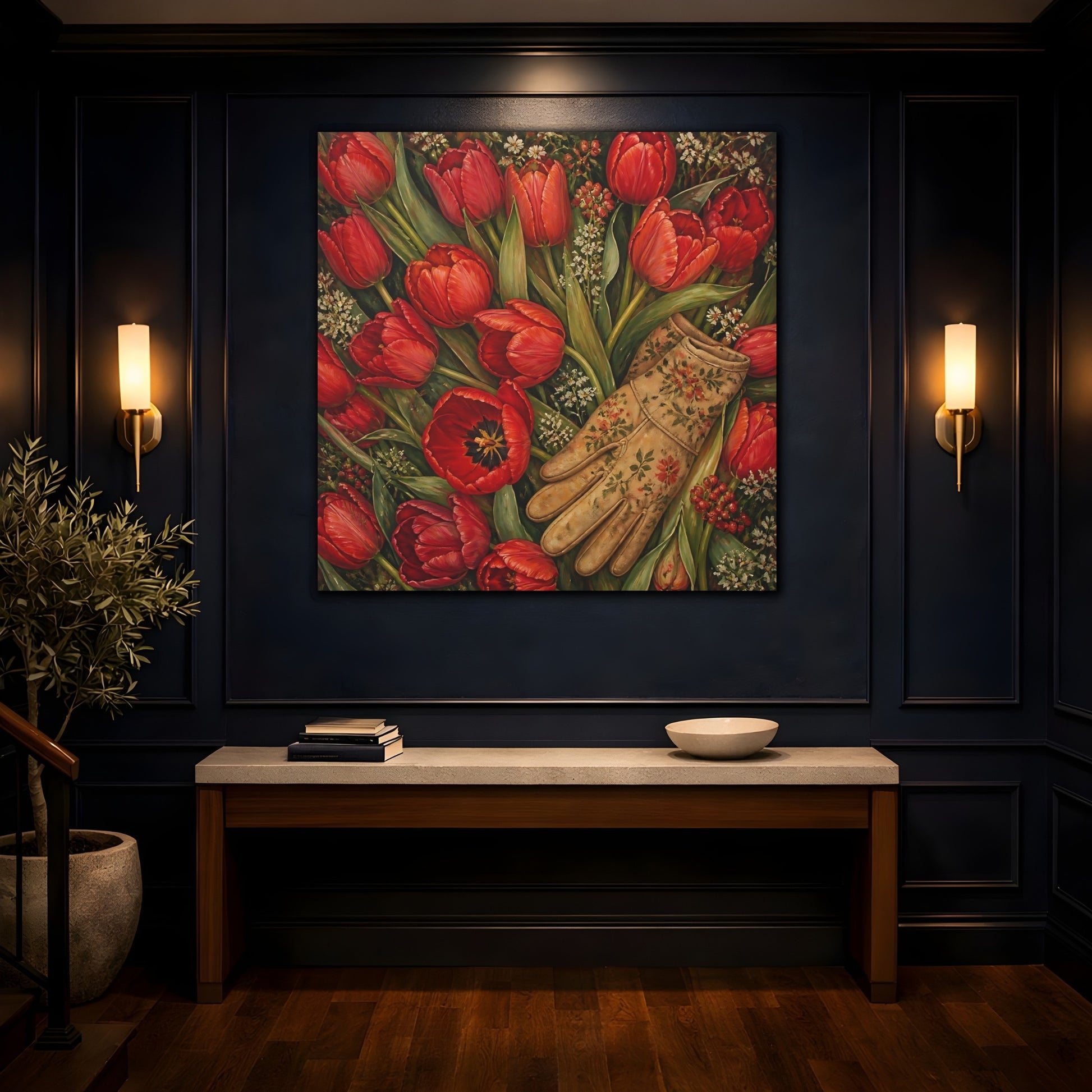 Mockup 4. Floral Red Tulips Red Floral shown as stretched canvas wall art
