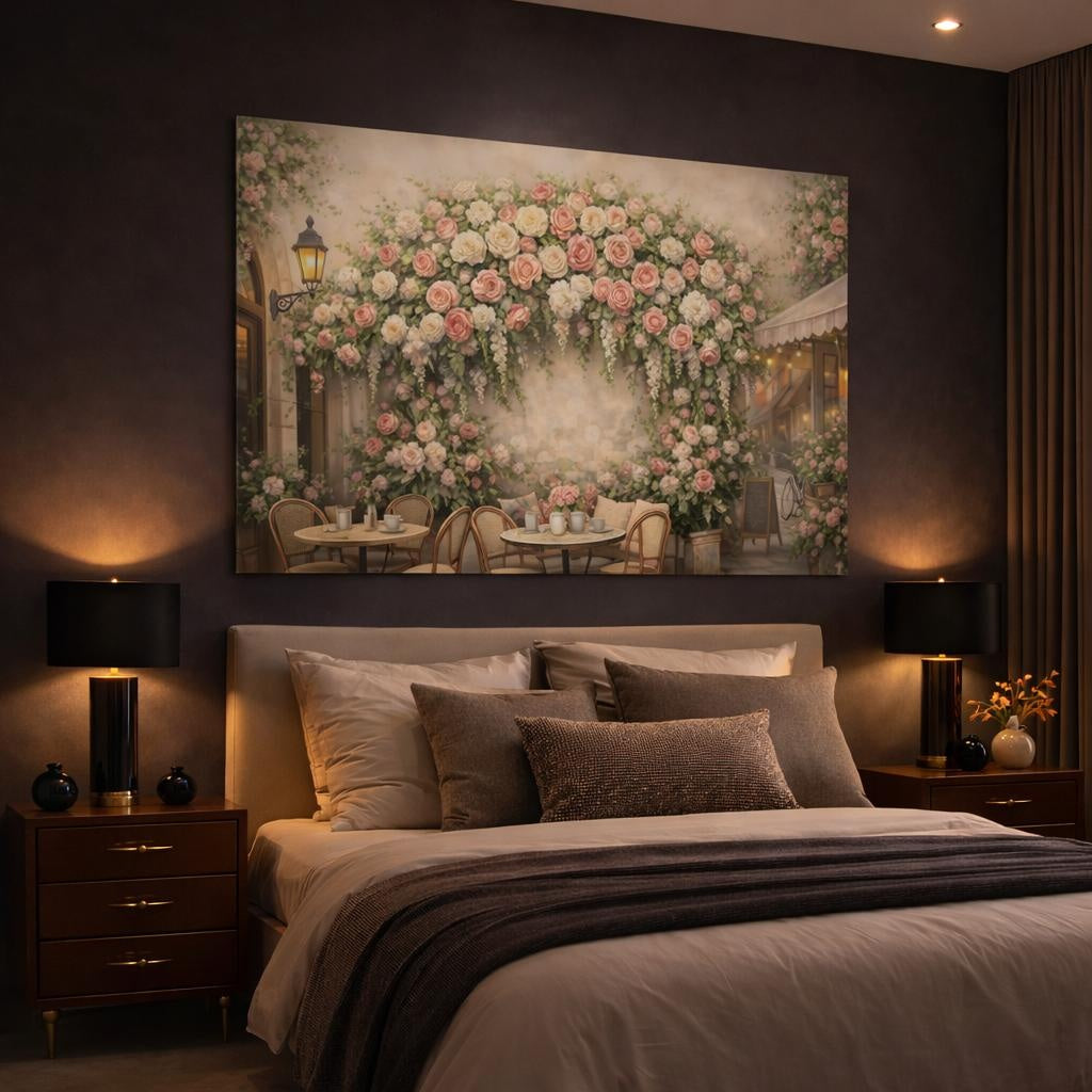 Floral Romantic Cafe Street shown as canvas wall art in a luxury bedroom