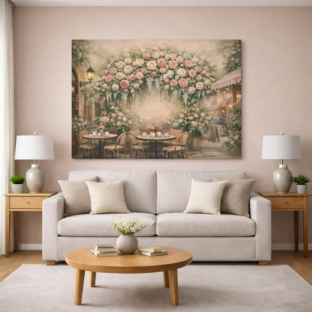 Floral Romantic Cafe Street shown as canvas wall art in a modern living room