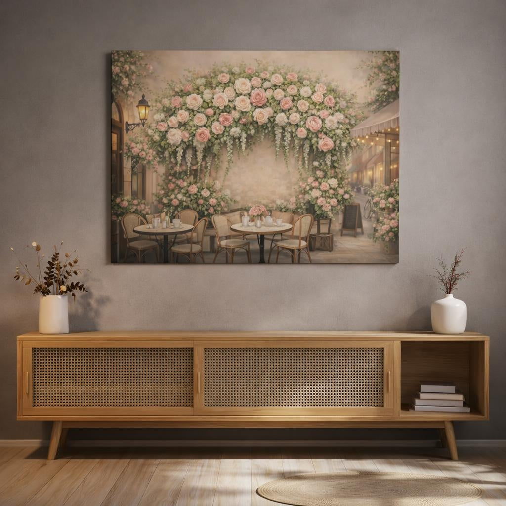 Floral Romantic Cafe Street shown as canvas wall art in a refined dining room