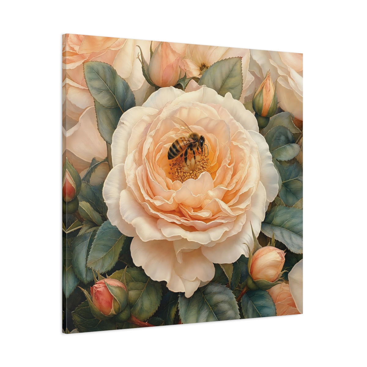 Side Mockup 1. Floral Rose, Bee Peach Floral shown as stretched canvas wall art