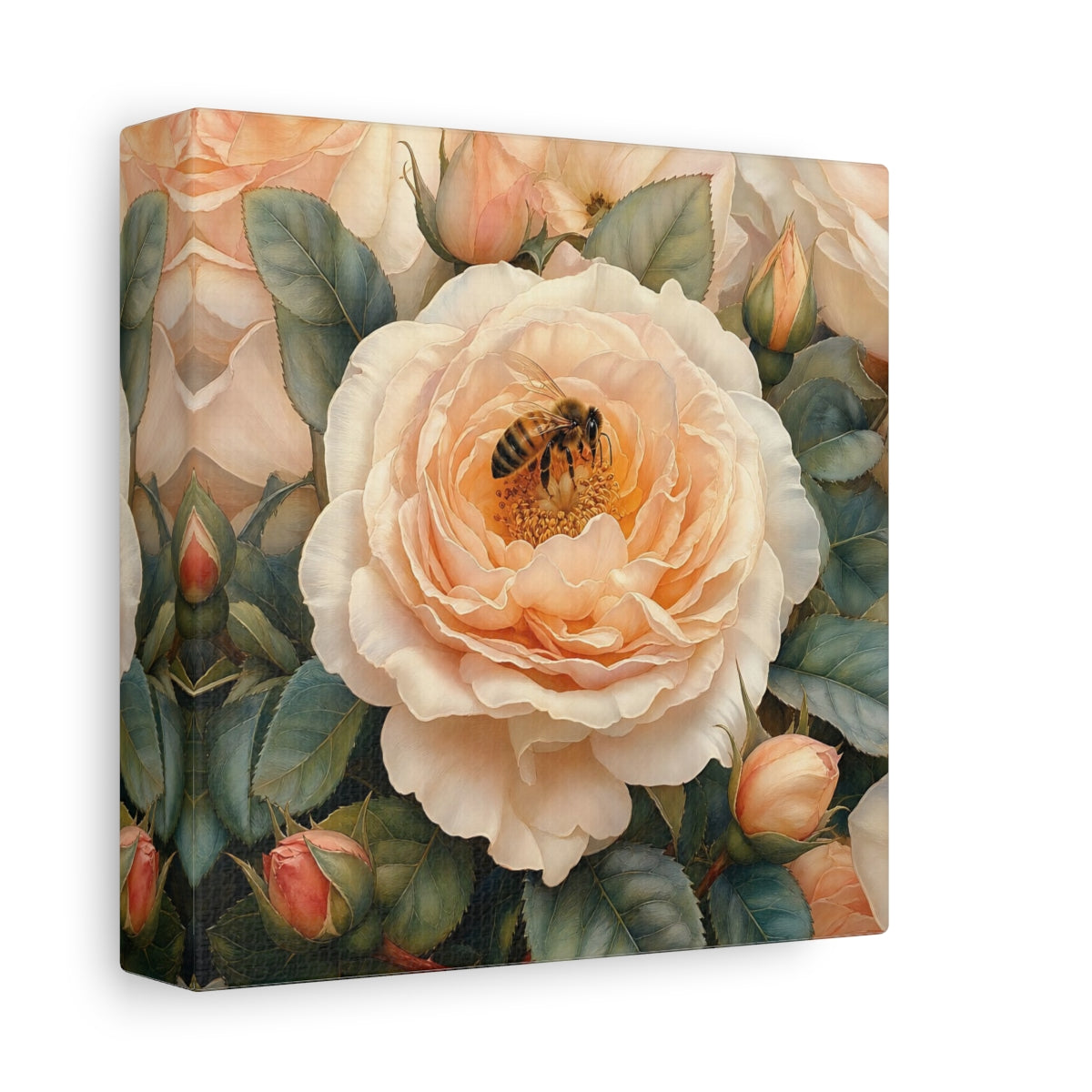 Side Mockup 2. Floral Rose, Bee Peach Floral shown as stretched canvas wall art