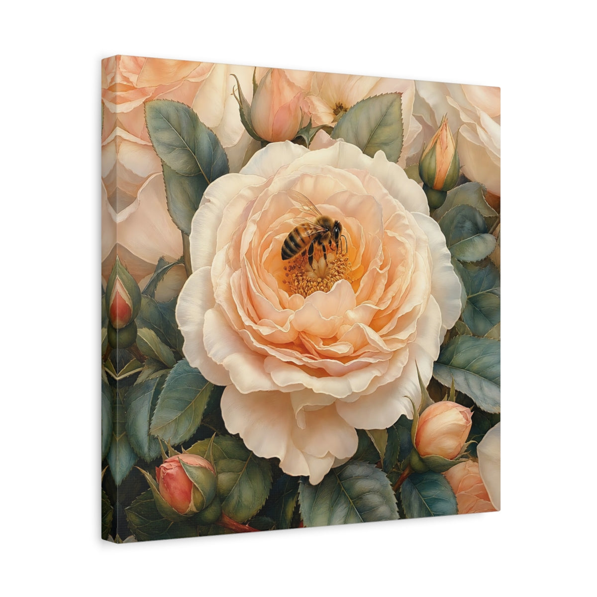 Side Mockup 6. Floral Rose, Bee Peach Floral shown as stretched canvas wall art