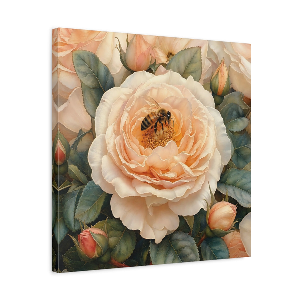Side Mockup 5. Floral Rose, Bee Peach Floral shown as stretched canvas wall art