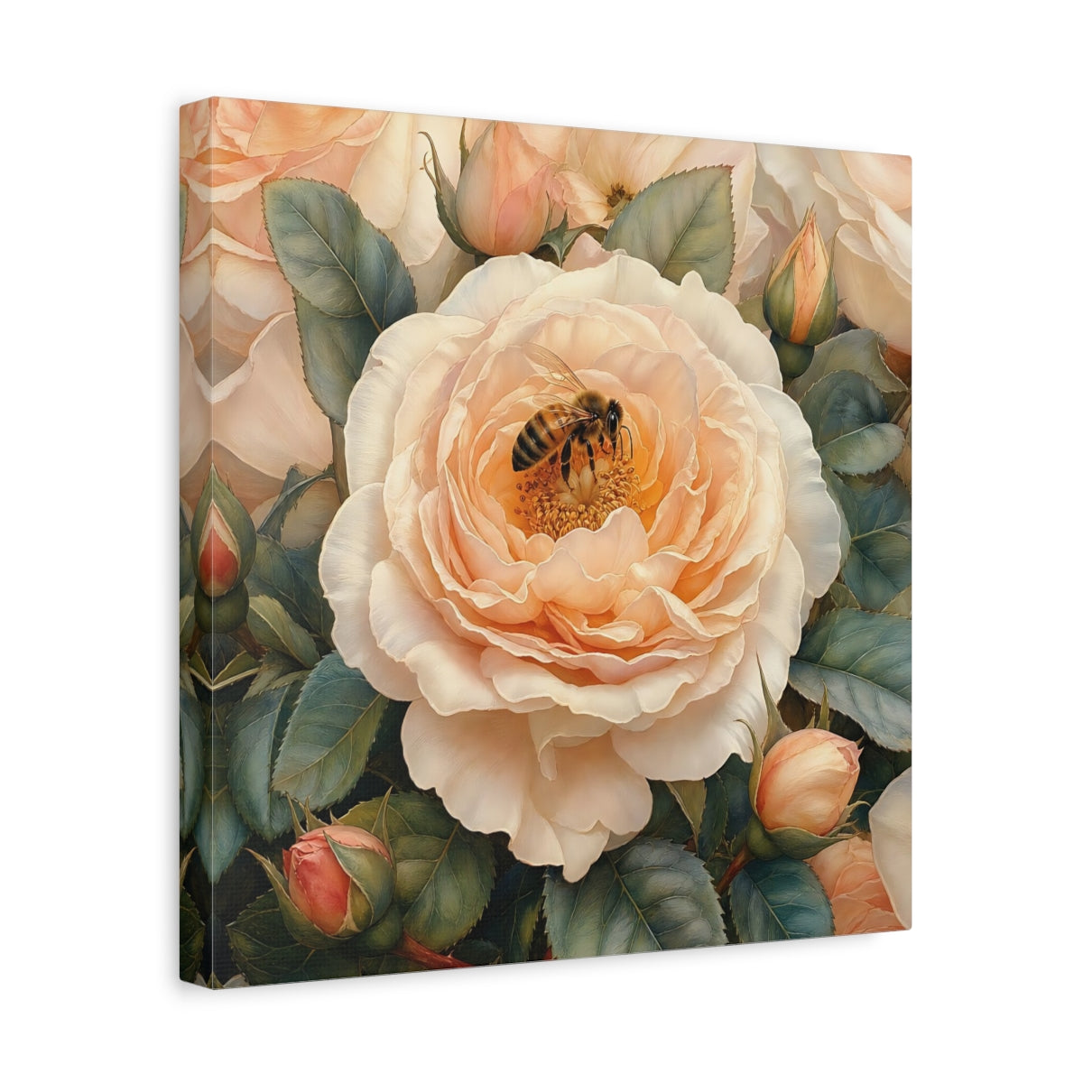 Side Mockup 7. Floral Rose, Bee Peach Floral shown as stretched canvas wall art