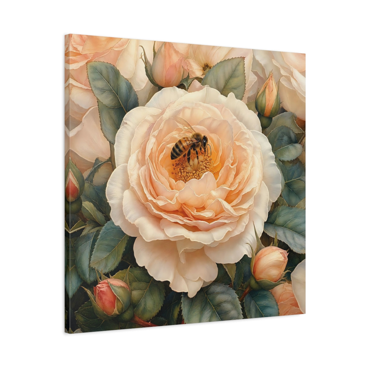 Side Mockup 3. Floral Rose, Bee Peach Floral shown as stretched canvas wall art