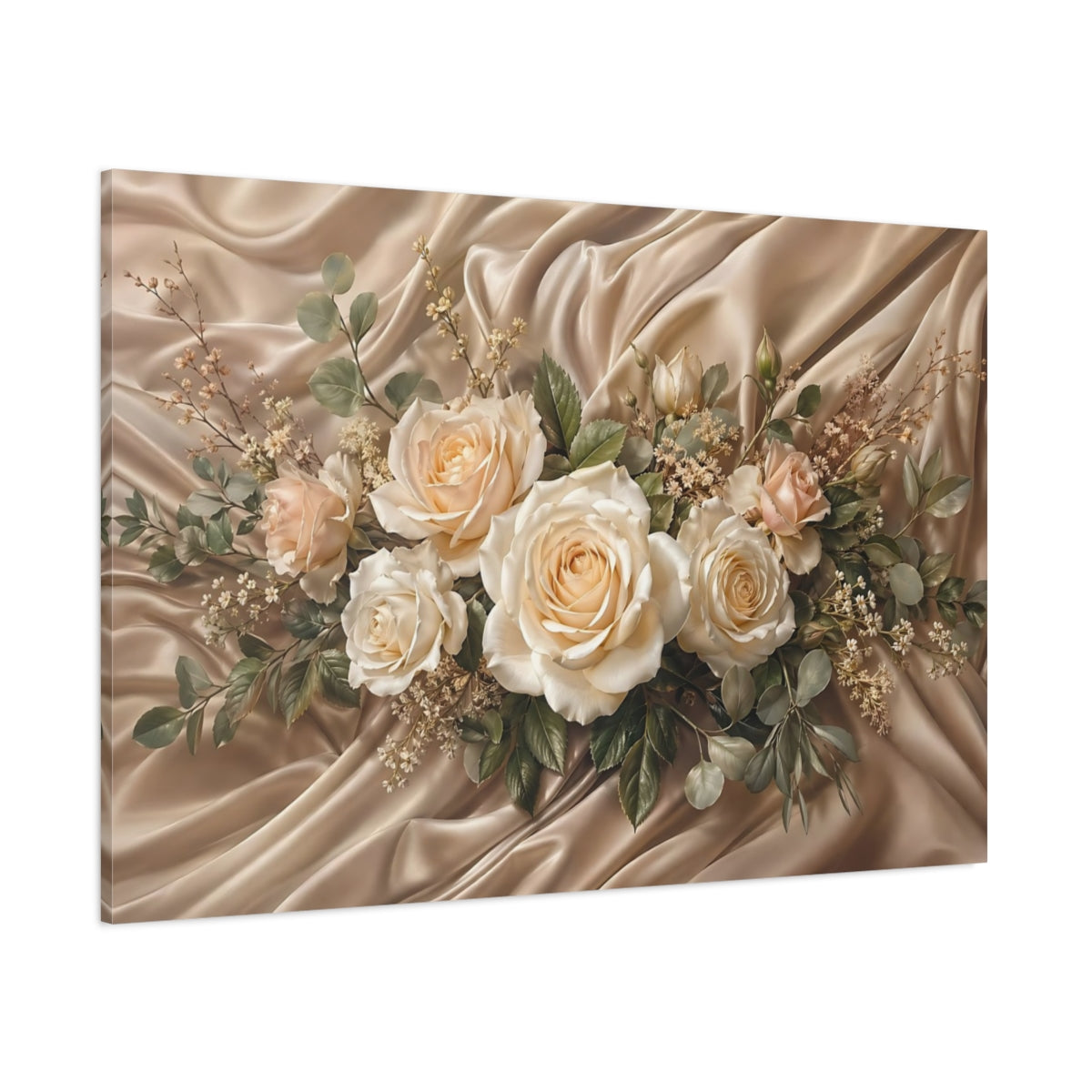 Side Mockup 1. Floral Rose Bouquet Champagne Roses shown as stretched canvas wall art