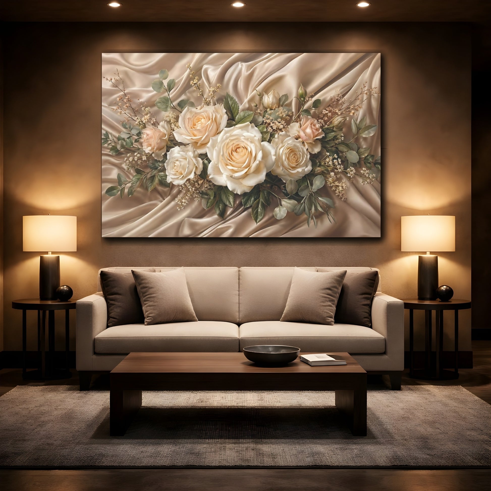 Mockup 2. Floral Rose Bouquet Champagne Roses shown as stretched canvas wall art