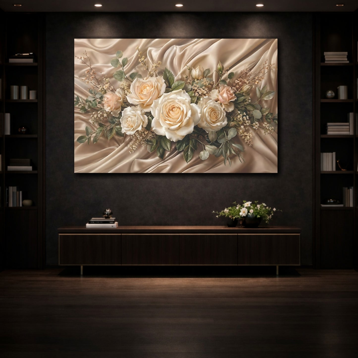 Mockup 3. Floral Rose Bouquet Champagne Roses shown as stretched canvas wall art