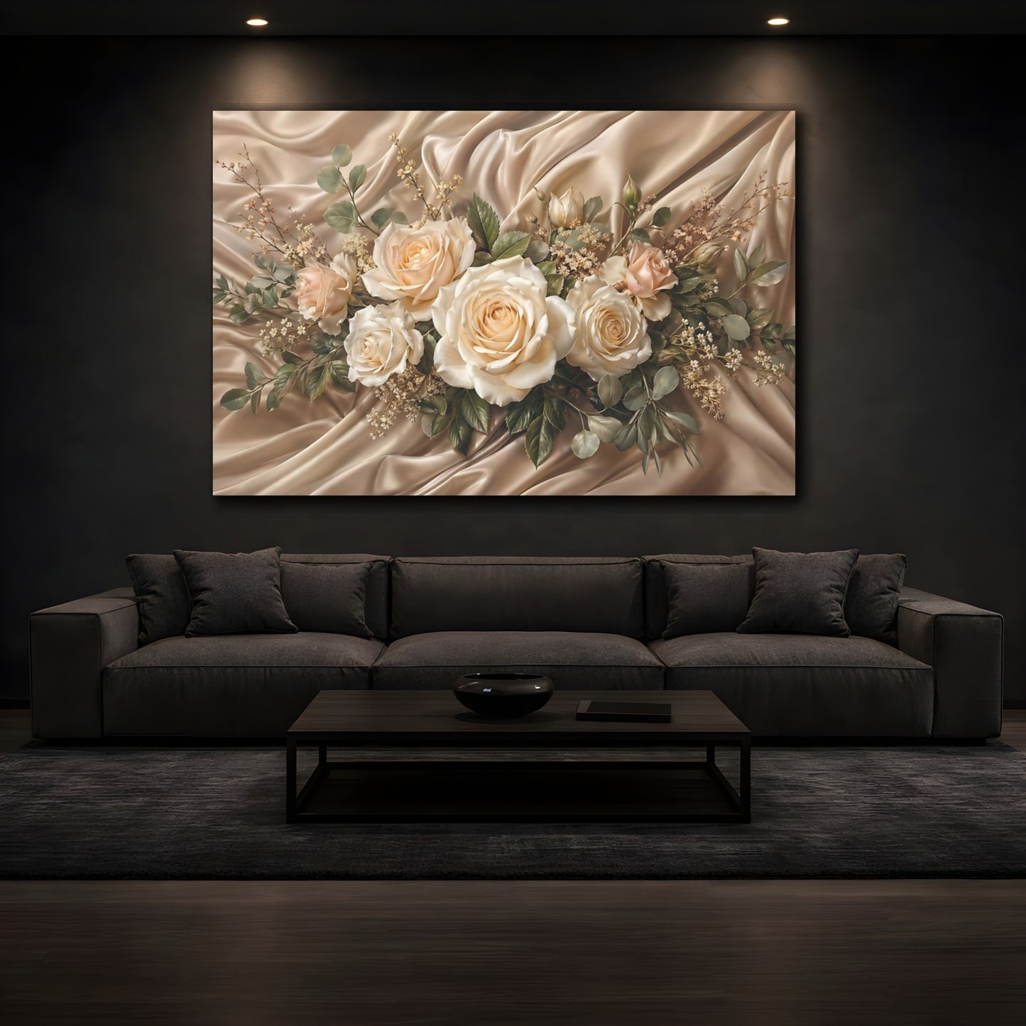 Mockup 4. Floral Rose Bouquet Champagne Roses shown as stretched canvas wall art