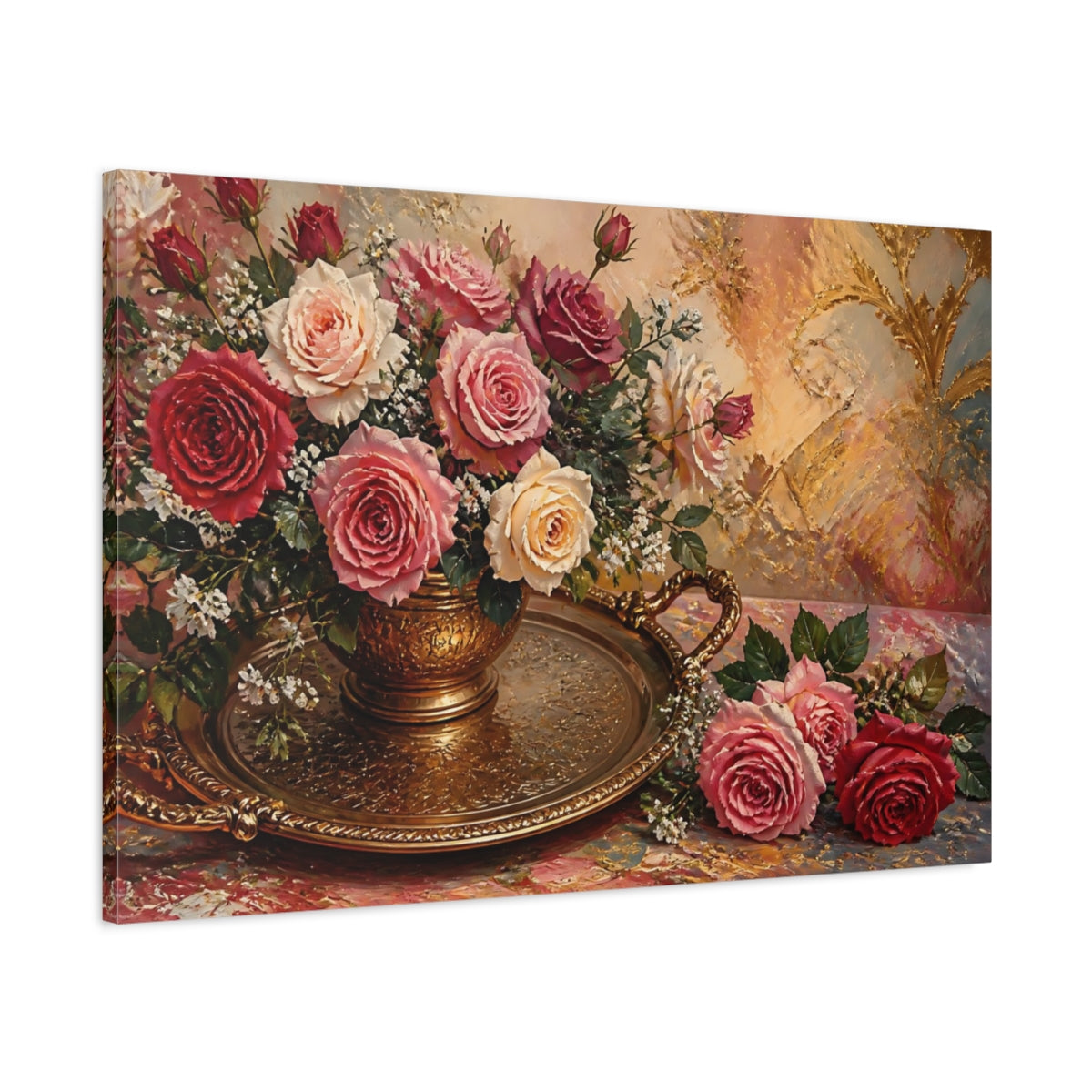 Main Mockup. Floral Rose Bouquet In Gold shown as canvas print