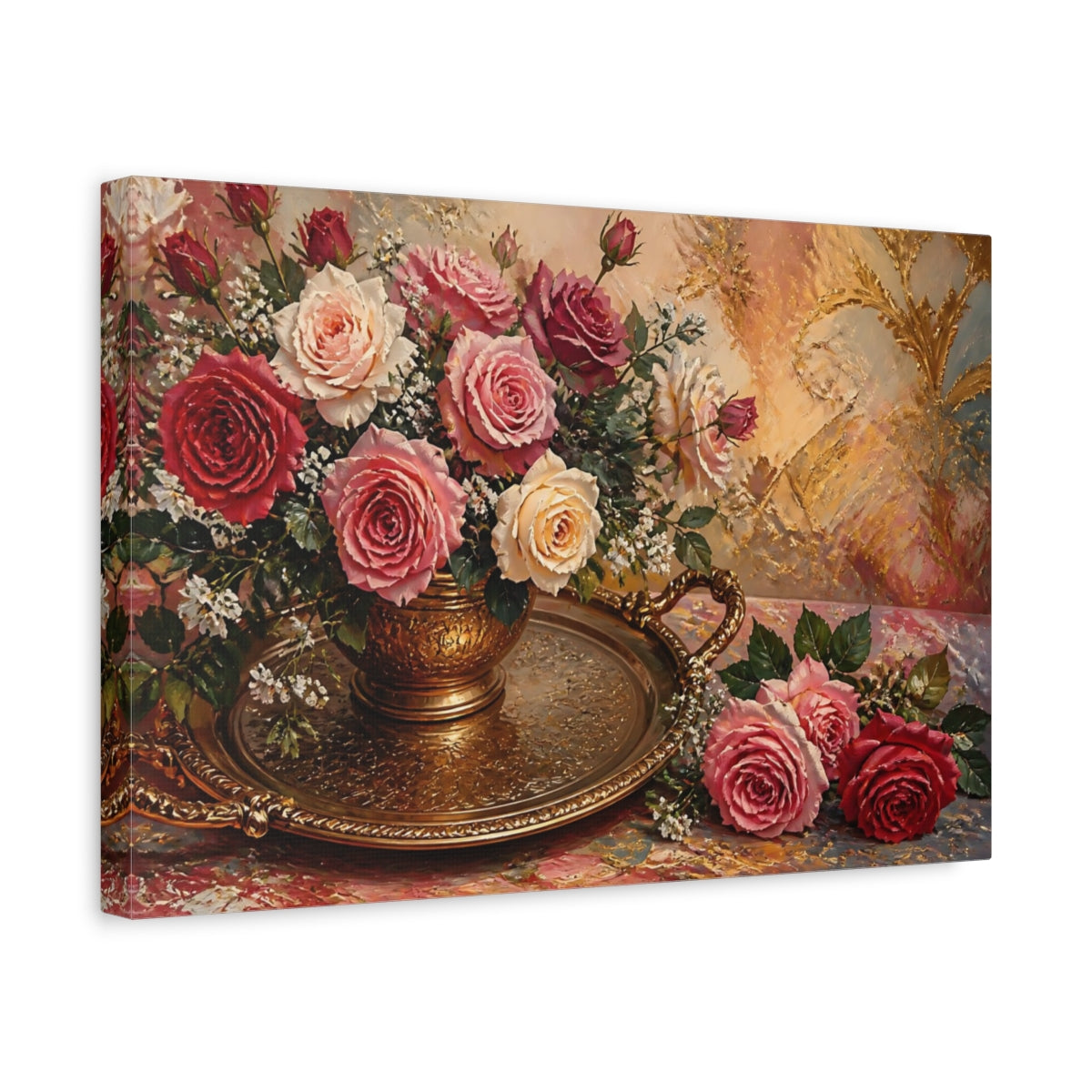 Side Mockup 4. Floral Rose Bouquet In Gold shown as canvas print