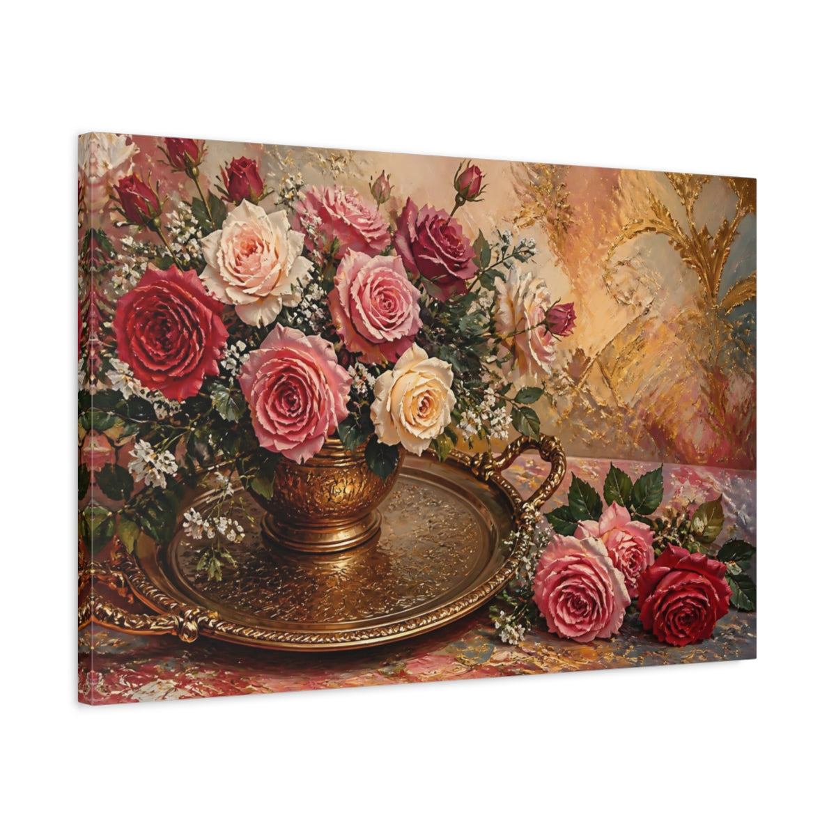 Side Mockup 2. Floral Rose Bouquet In Gold shown as canvas print