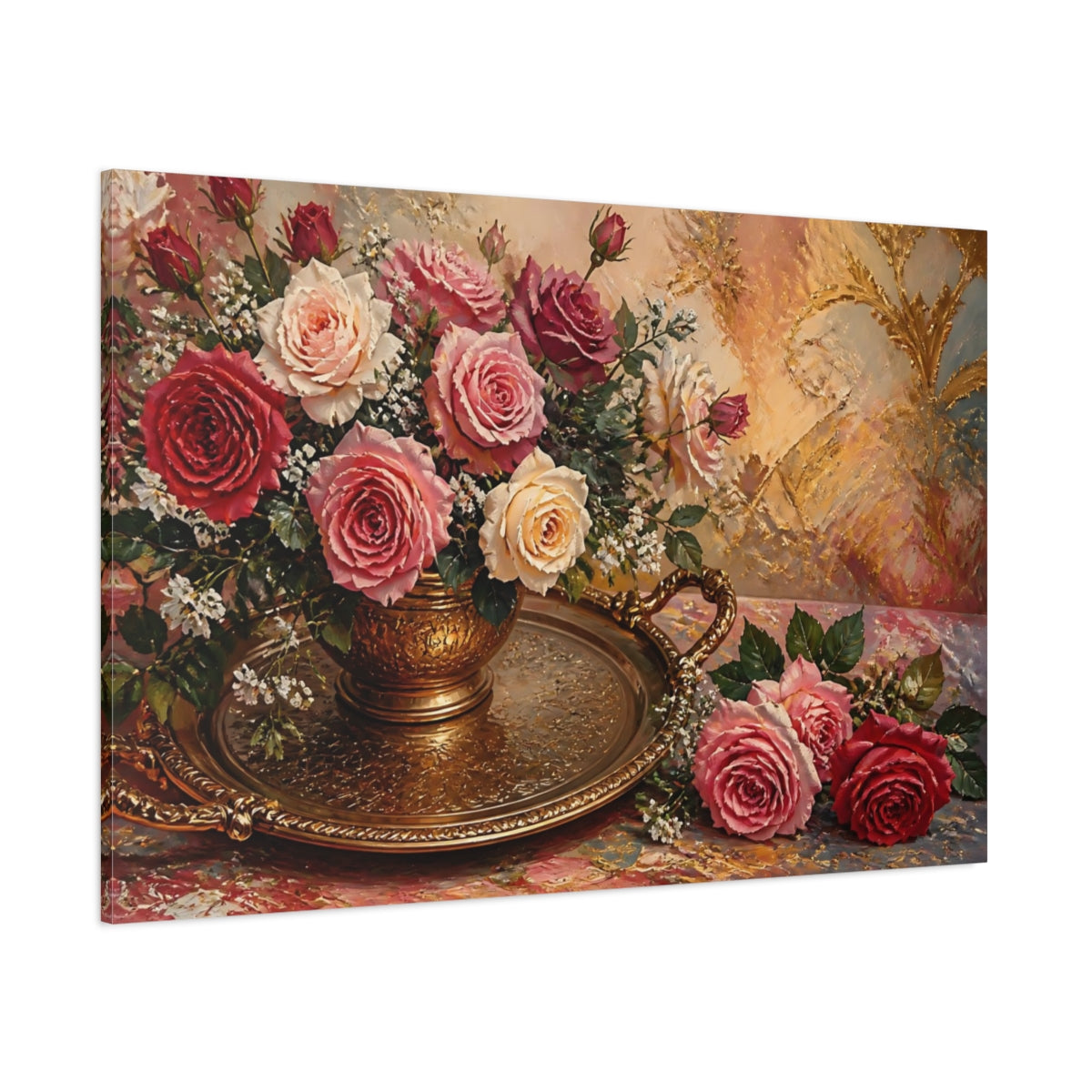Side Mockup 1. Floral Rose Bouquet In Gold shown as canvas print