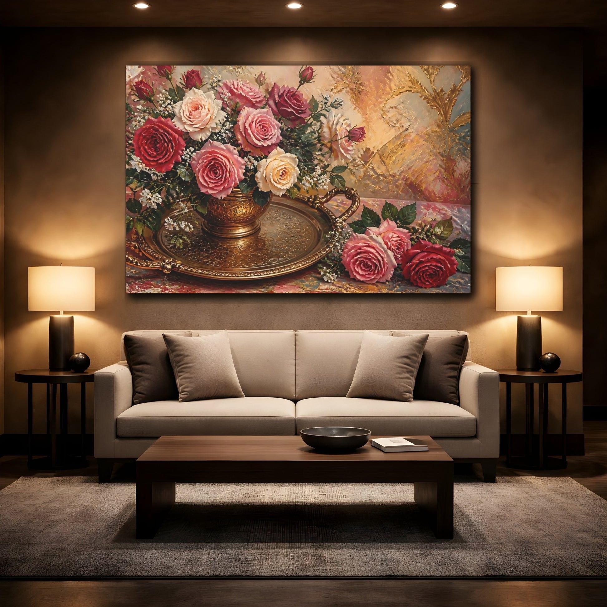 Mockup 2. Floral Rose Bouquet In Gold shown as canvas print