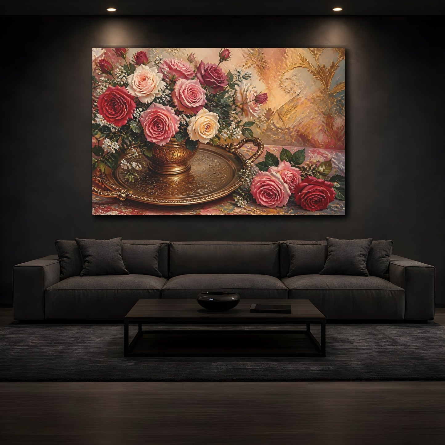 Mockup 3. Floral Rose Bouquet In Gold shown as canvas print
