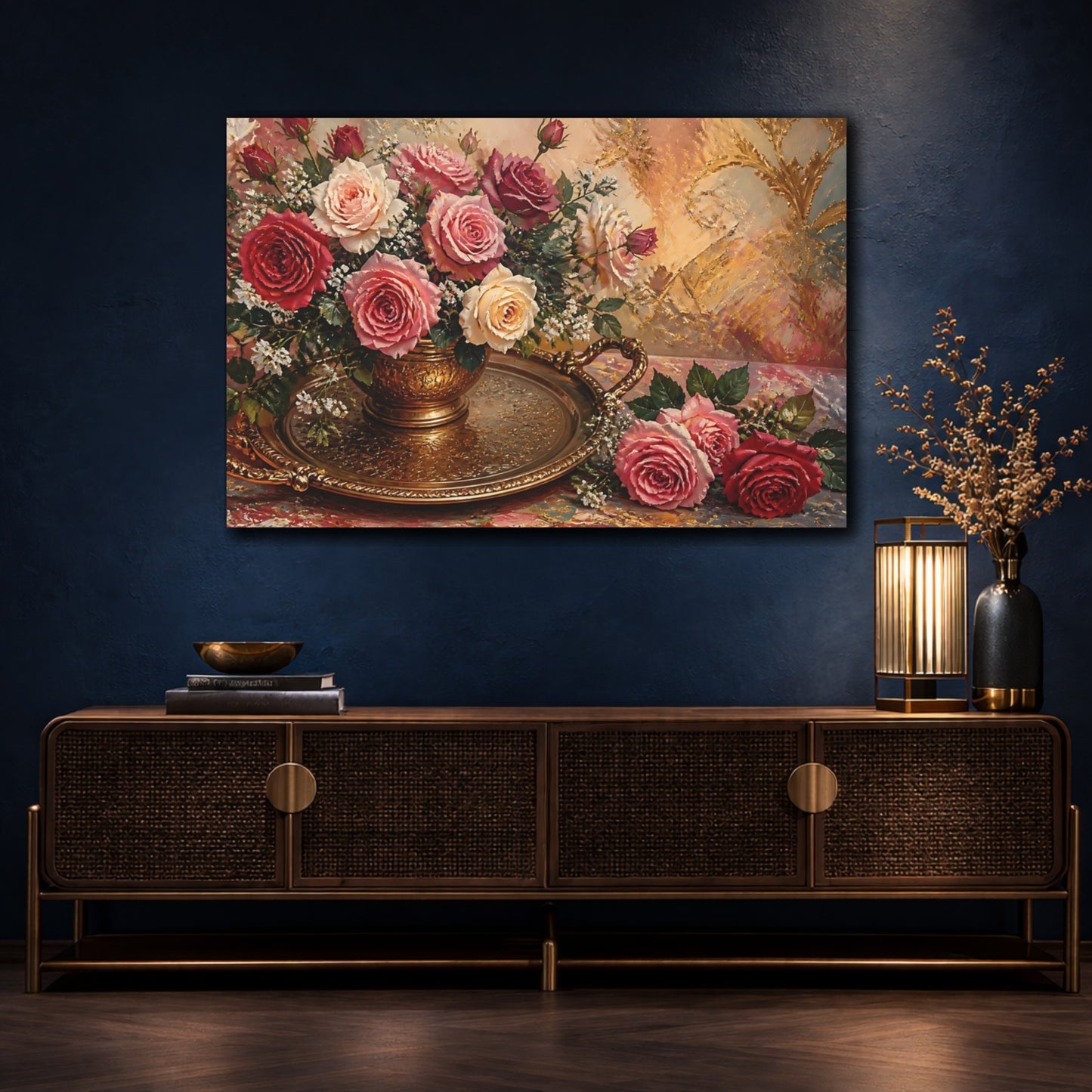 Mockup 4. Floral Rose Bouquet In Gold shown as canvas print