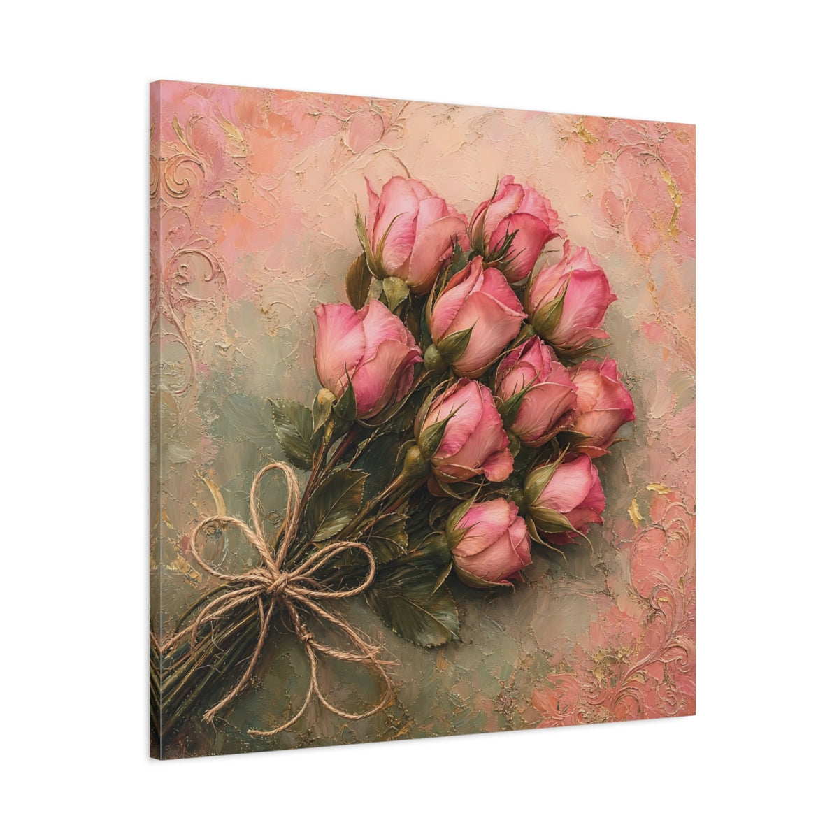Main Mockup. Floral Rose Bouquet Pink Roses shown as stretched canvas wall art