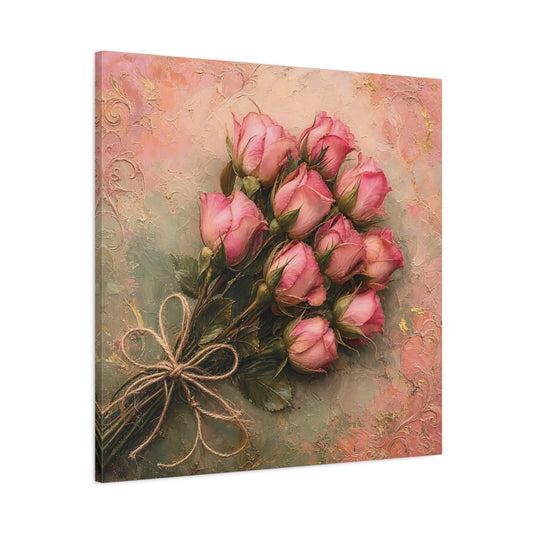 Main Mockup. Floral Rose Bouquet Pink Roses shown as stretched canvas wall art