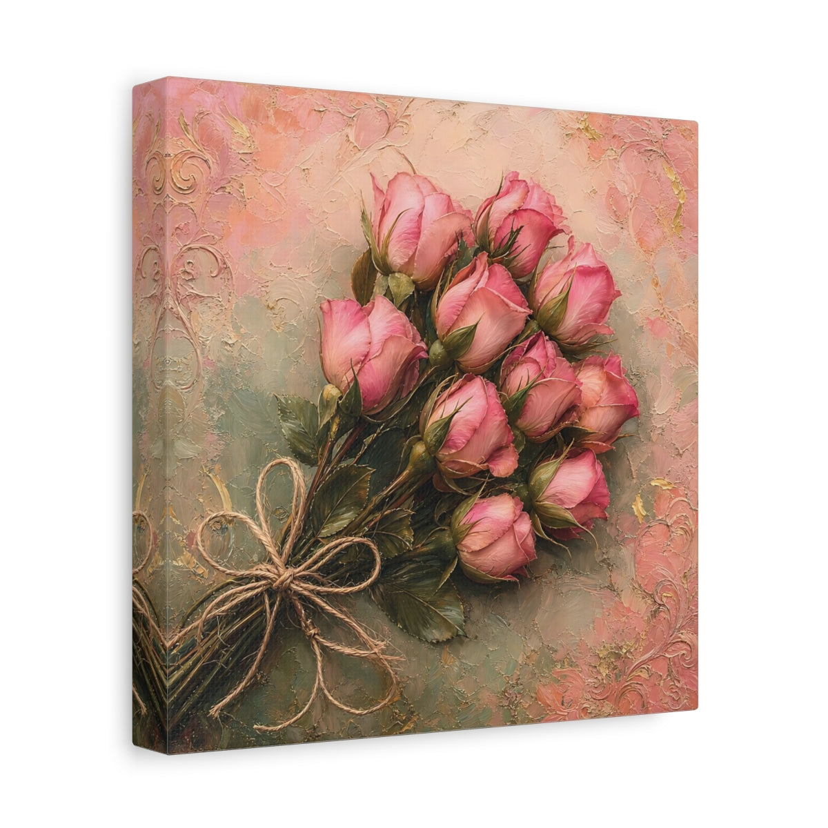Side Mockup 9. Floral Rose Bouquet Pink Roses shown as stretched canvas wall art
