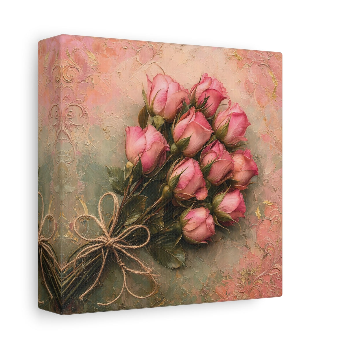 Side Mockup 2. Floral Rose Bouquet Pink Roses shown as stretched canvas wall art