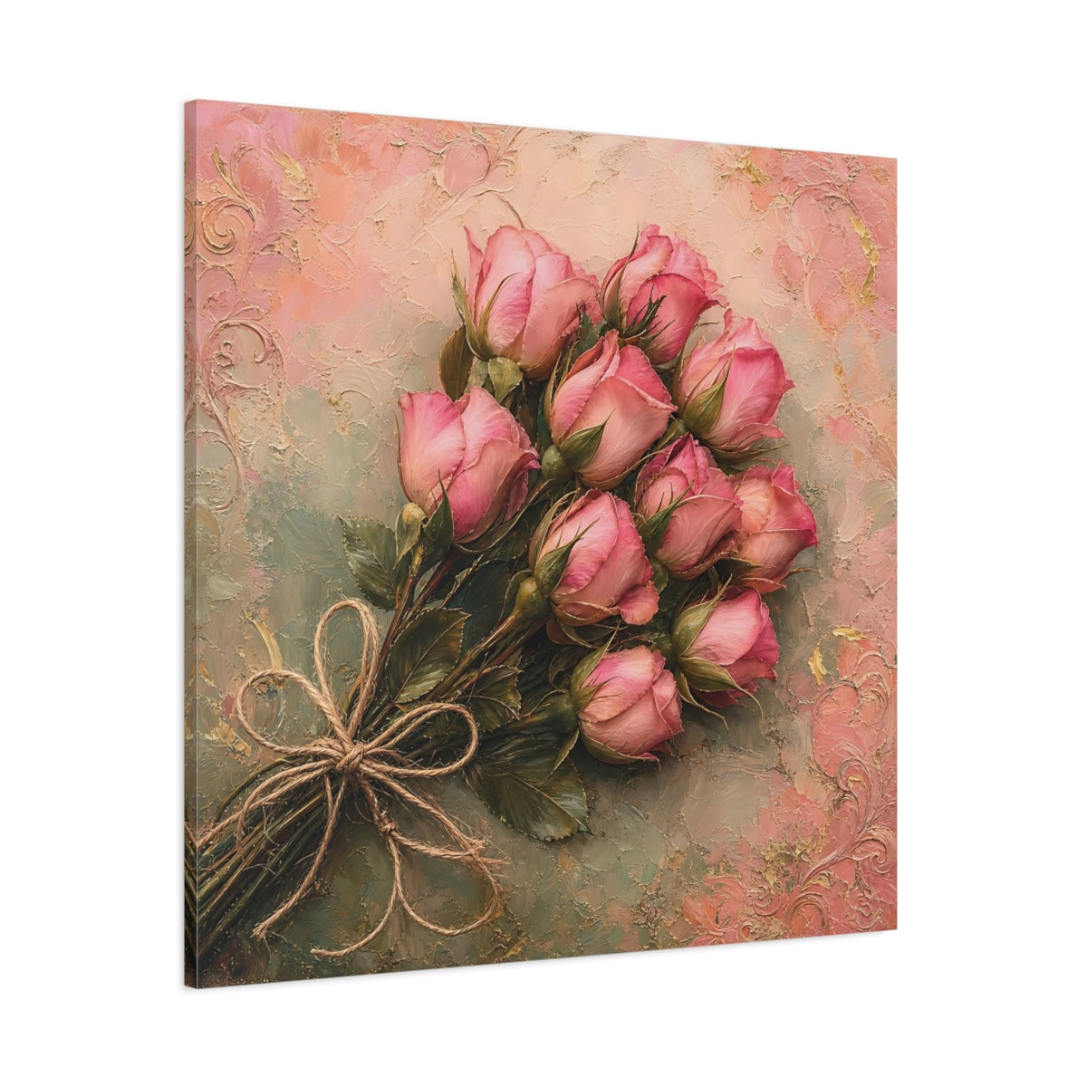 Side Mockup 1. Floral Rose Bouquet Pink Roses shown as stretched canvas wall art