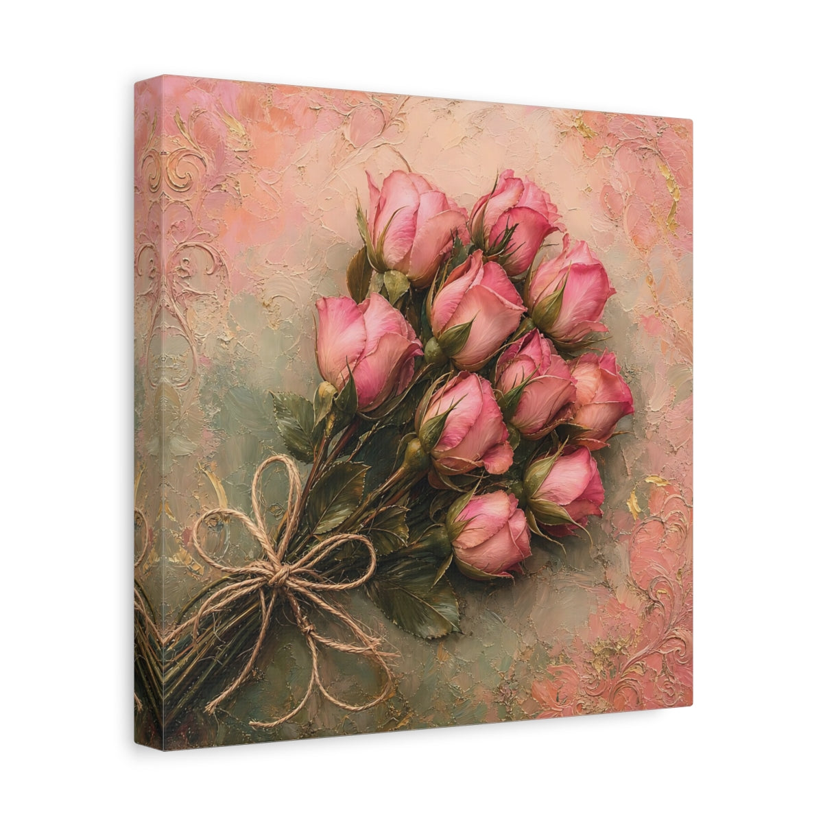 Side Mockup 8. Floral Rose Bouquet Pink Roses shown as stretched canvas wall art
