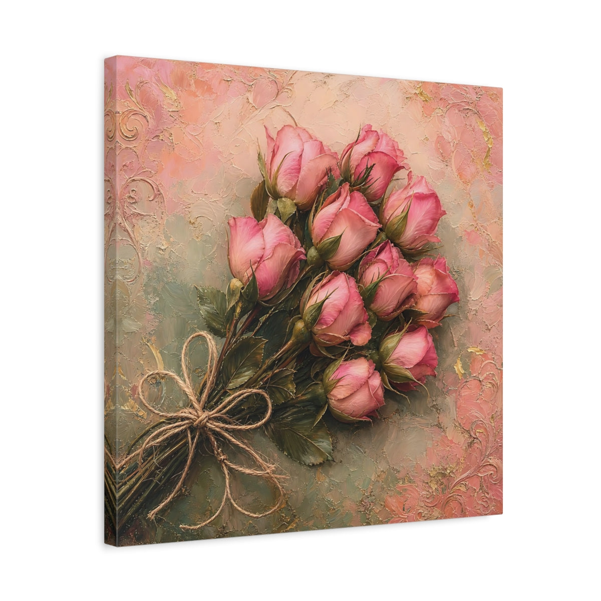 Side Mockup 5. Floral Rose Bouquet Pink Roses shown as stretched canvas wall art